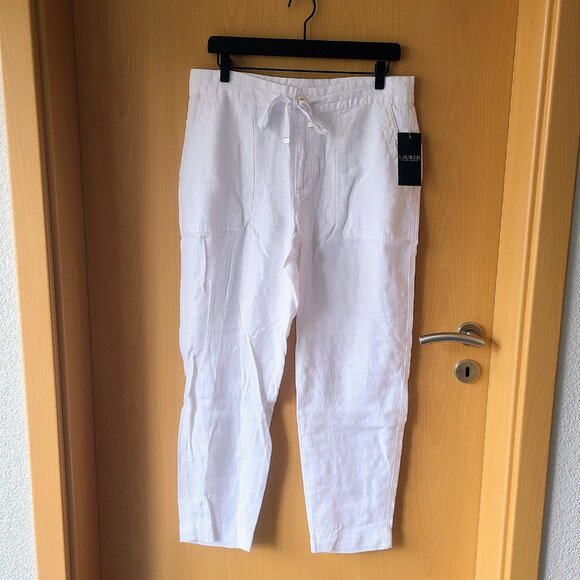 Lauren Ralph Lauren White 100% Linen Drawstring Straight Leg Pants Size 8 - Picture 8 of 16